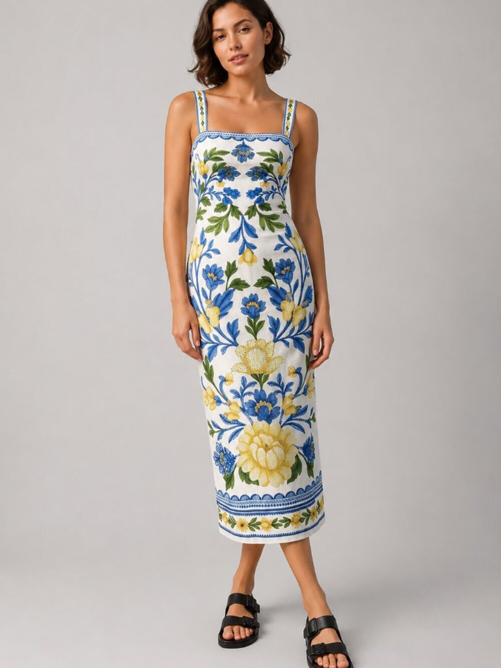 Women's White Blue Yellow Floral Midi Sundress Sleeveless Vacation Resort Dress